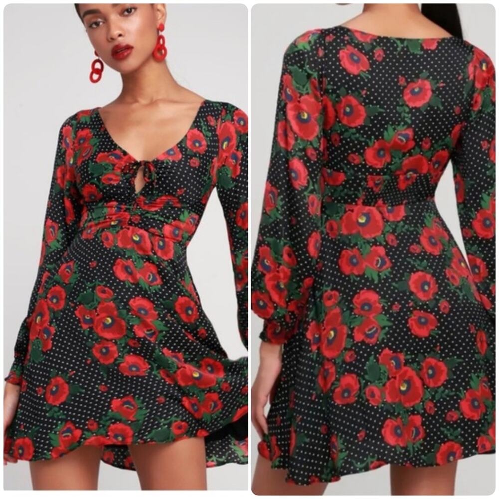 Free People Morning Light Floral Roses Dots Print Long Sleeve Mini Dress